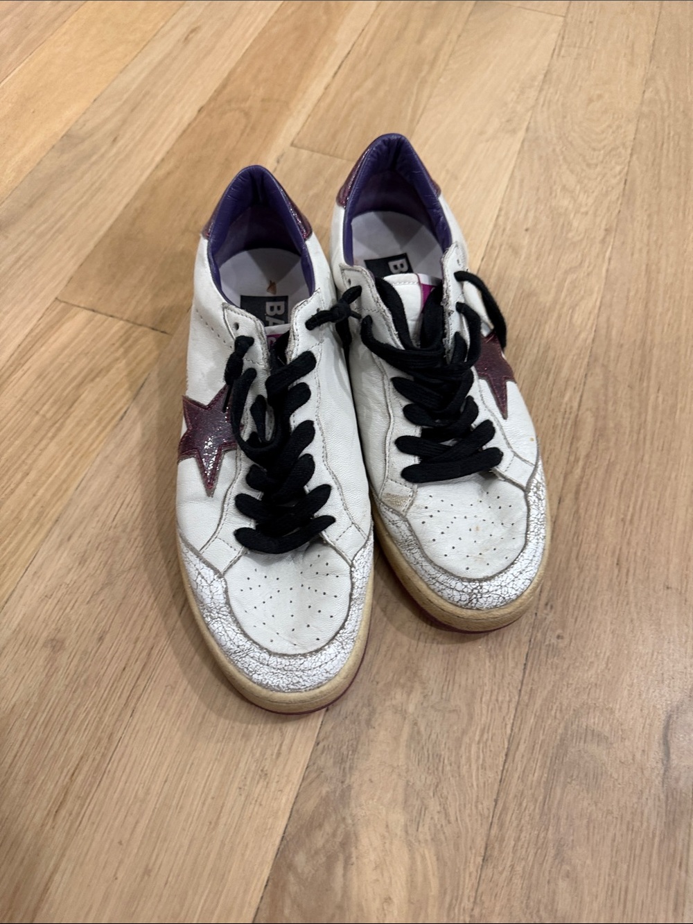 Golden Goose White Leather Sneakers with Purple Star and Black Laces
